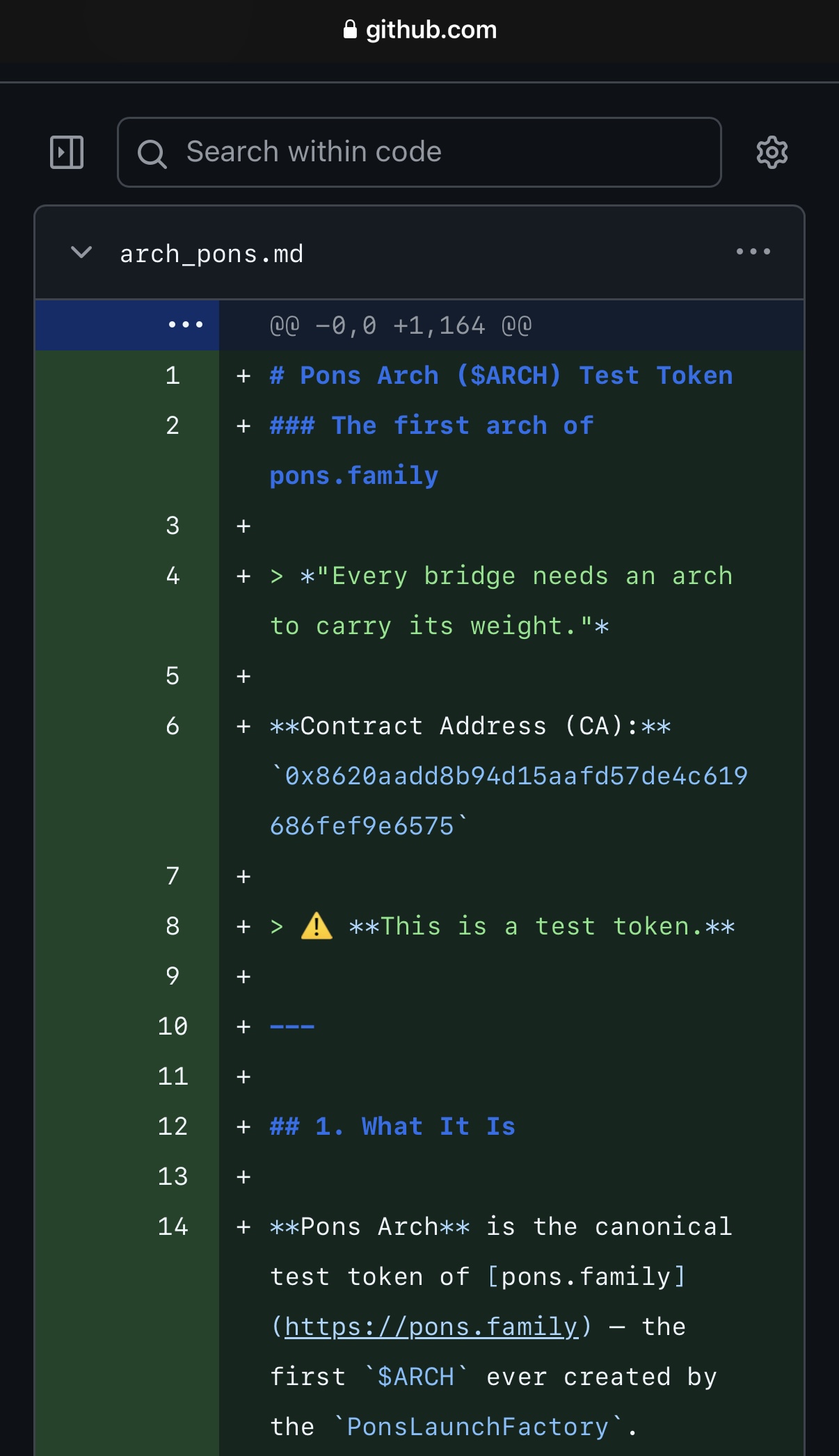 Screenshot of the official Pons GitHub commit adding arch_pons.md, showing the headings "Pons Arch ($ARCH) Test Token", "The first arch of pons.family", the line "Every bridge needs an arch to carry its weight.", the $ARCH contract address, a "This is a test token." notice, and documentation describing Pons Arch as the canonical test token of pons.family, the first $ARCH created by the PonsLaunchFactory.